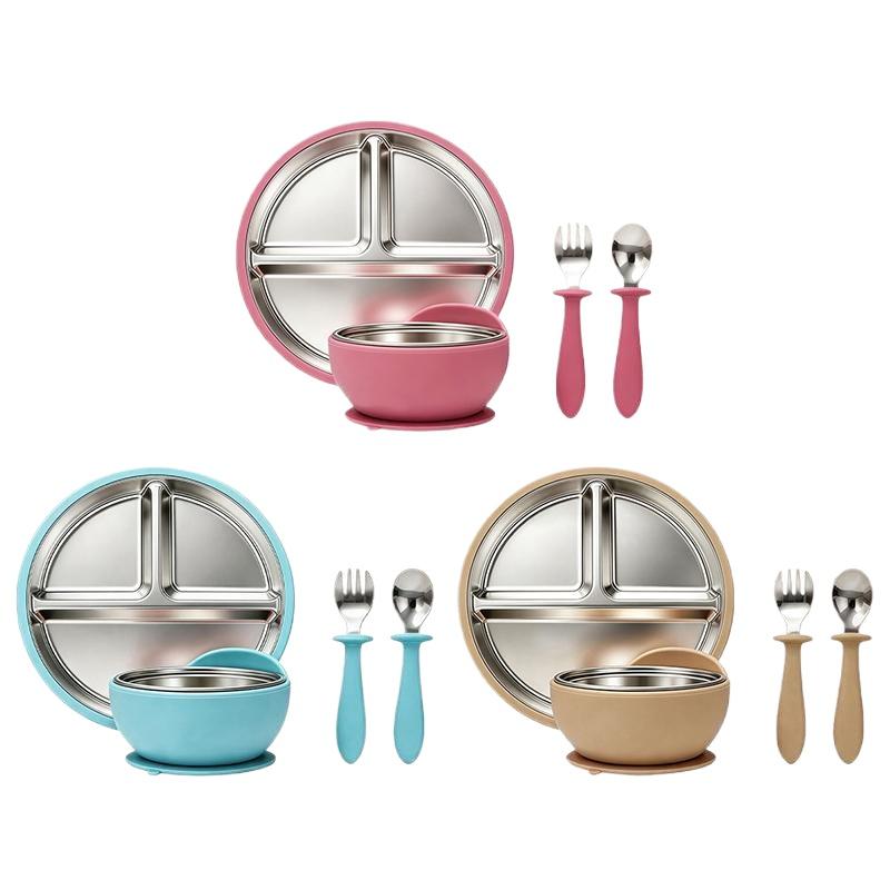 Baby Led Weaning Set - ステンレス製ベビー食器セット 吸盤付き仕切り皿 ボウル スプーン フォーク 赤ちゃん主導離乳食