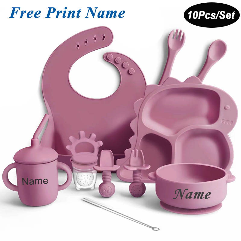 Baby Led Weaning Set - 赤ちゃん用シリコン食器,恐竜プレート,子供用料理,名前付き,赤ちゃん用給餌セット,フルーツフィーダー,赤ちゃん用離乳用品