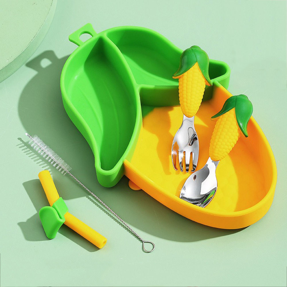 Baby Led Weaning Set - 新品のかわいい漫画柄シリコン吸盤プレートセット、フォークとスプーン付き、赤ちゃん主導離乳食食器、赤ちゃんが楽に食べられるように支援します