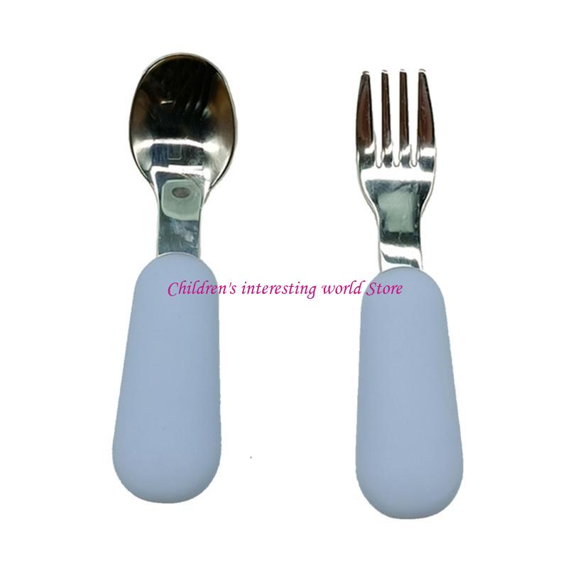 Baby Led Weaning Set - ベビーフォーク＆スプーンセット2PCS幼児シリコントレーニングの道具のためのベビーLEDシリコンステンレス鋼トレーニング425F