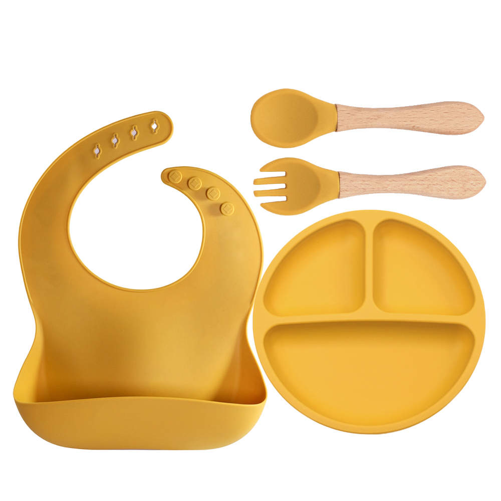 Baby Led Weaning Set - 4個入りシリコン製ベビー食器セット、ベビー主導離乳食用品、食器、スタイ、プレート、スプーン、フォーク